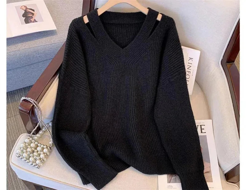 Pull Femme Loose Col V – Tricot Doux Uni Style Basique Automne.