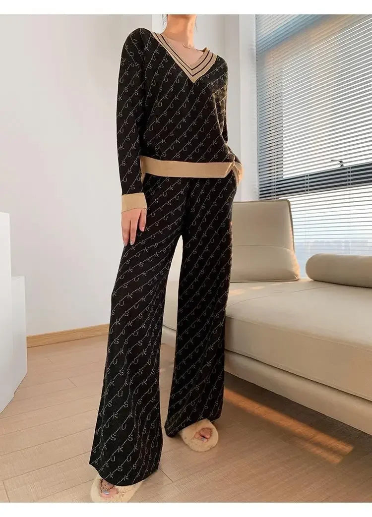 Ensemble Femme 2 Pièces – Pull Élégant & Pantalon Patte d’Éléphant Loose-Fit, Outfit Tendance Printemps Automne 2024 | F-laglam.