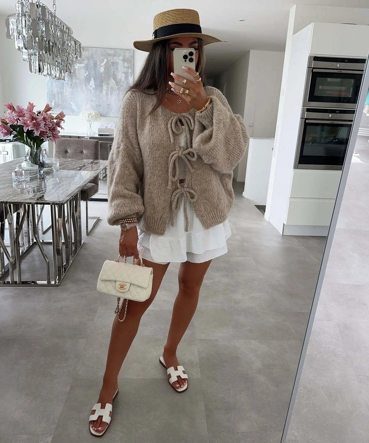 Cardigan Femme Élégant – Tricot Uni avec Lacet, Col Rond, Style Simple Chic |.