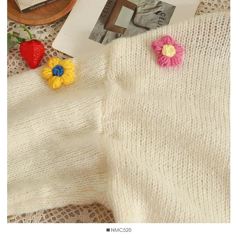 Cardigan Court Femme Brodé Fleurs – Tricot Doux Col V Coloré Automne.