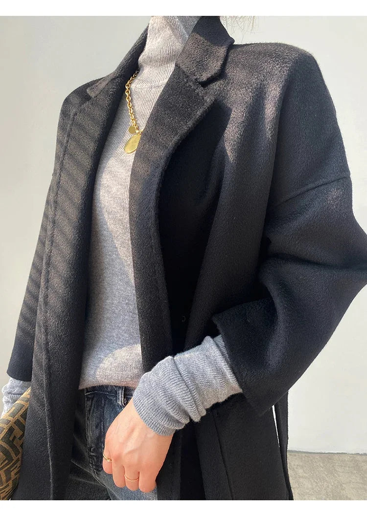 Manteau Court Femme Automne Hiver – Cachemire Double Face, Col Revers & Ceinture, Style Luxe Chic.