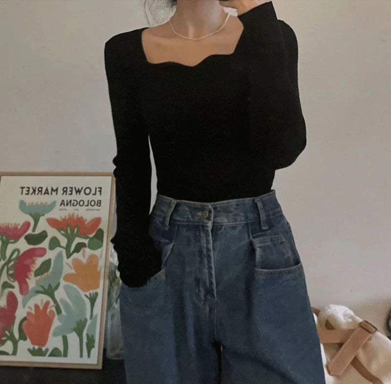 Pull Femme Col Carré – Tricot Slim Uni Style Rétro Coréen Automne Hiver | F-laglam.