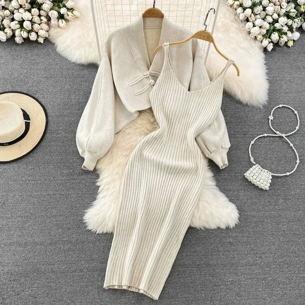Ensemble Femme 2 Pièces – Cardigan Tricoté à Lacets & Robe Camisole, Style Chinois Moderne Élégant |.