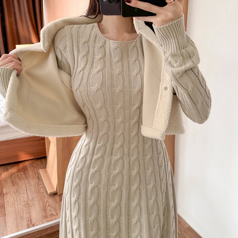 Robe pull longue femme hiver – maille torsadée chaude, coupe évasée élégante
