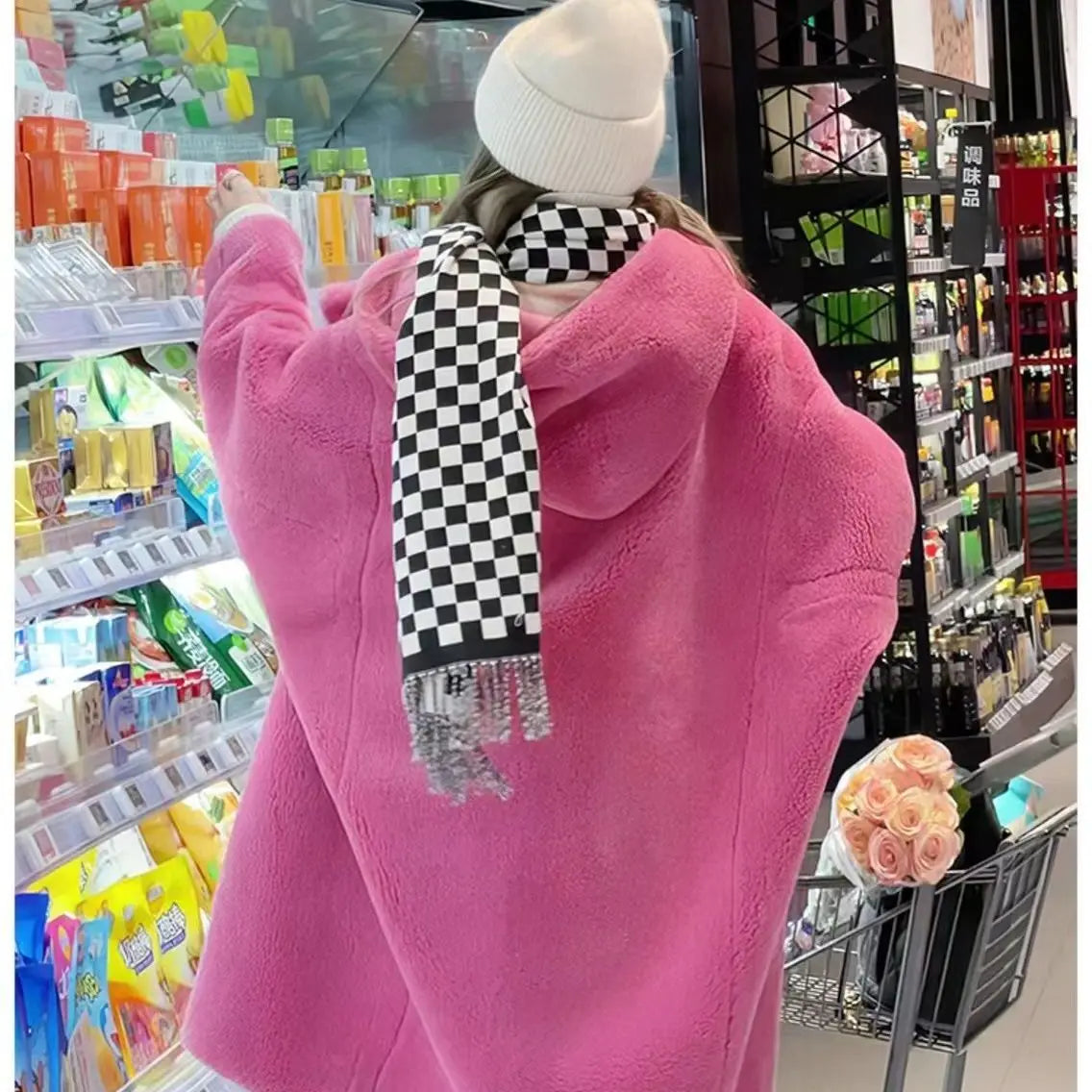 Manteau Femme Hiver 2024 – Veste Cocoon à Capuche en Laine d’Agneau Épaisse, Parka Chaude Shearling.