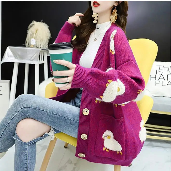 Cardigan Femme Loose – Tricot Cartoon avec Poches Mouton, Style Colorblock Automne Hiver.
