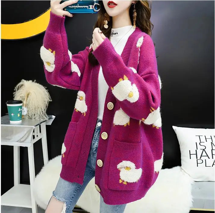 Cardigan Femme Loose – Tricot Cartoon avec Poches Mouton, Style Colorblock Automne Hiver
