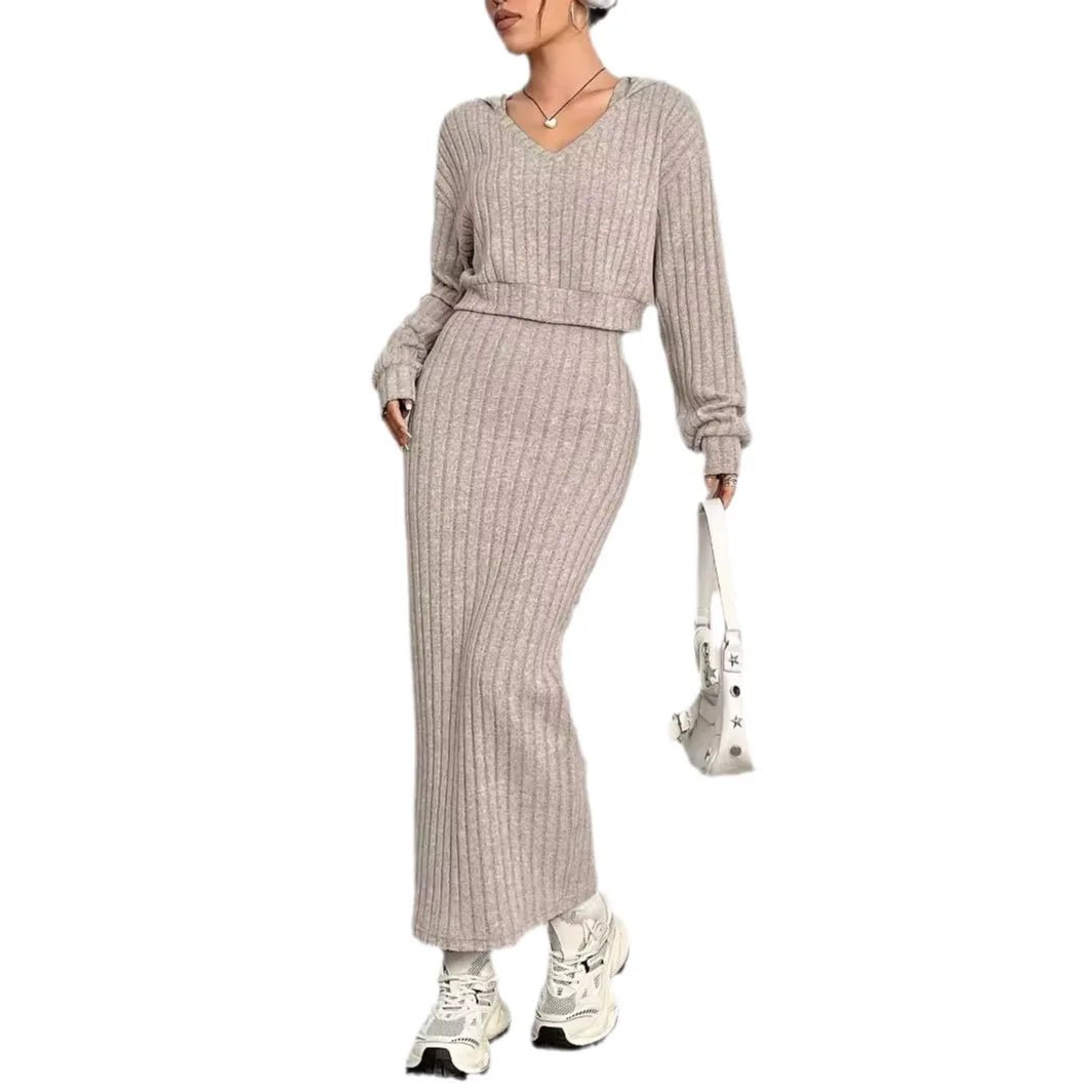 Ensemble Femme 2 Pièces – Robe Pull Loose & Hoodie Tricoté Manches Longues, Style Casual Commuting Automne Hiver 2024 | F-laglam.
