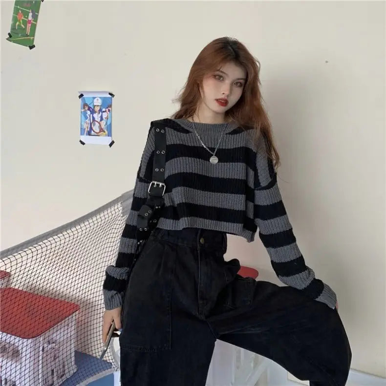 Pull Court Femme Rayé – Tricot Loose O-neck Streetwear Automne Hiver.