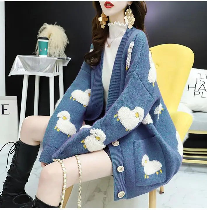 Cardigan Femme Loose – Tricot Cartoon avec Poches Mouton, Style Colorblock Automne Hiver.