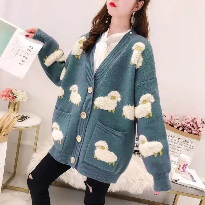 Cardigan Femme Loose – Tricot Cartoon avec Poches Mouton, Style Colorblock Automne Hiver.