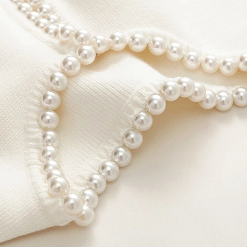Cardigan Femme Blanc Élégant – Tricot Chic à Perles, Manches Longues Automne Hiver.