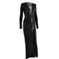 Élégante robe maxi métallisée pour femme, col en V sexy, manches longues, fronces flatteuses et fente haute. Parfaite pour les soirées, clubs ou événements chics. Style glamour et féminin.