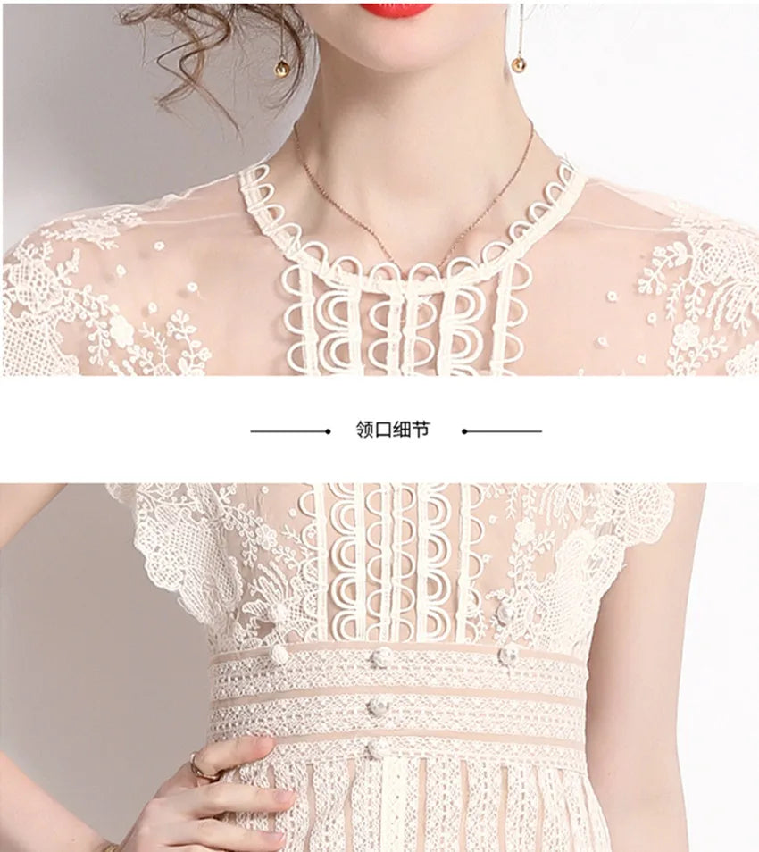 Robe midi femme à fleurs brodées – manches courtes, style vintage élégant