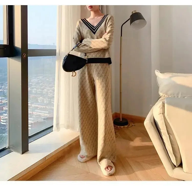 Ensemble Femme 2 Pièces – Pull Élégant & Pantalon Patte d’Éléphant Loose-Fit, Outfit Tendance Printemps Automne 2024 | F-laglam.