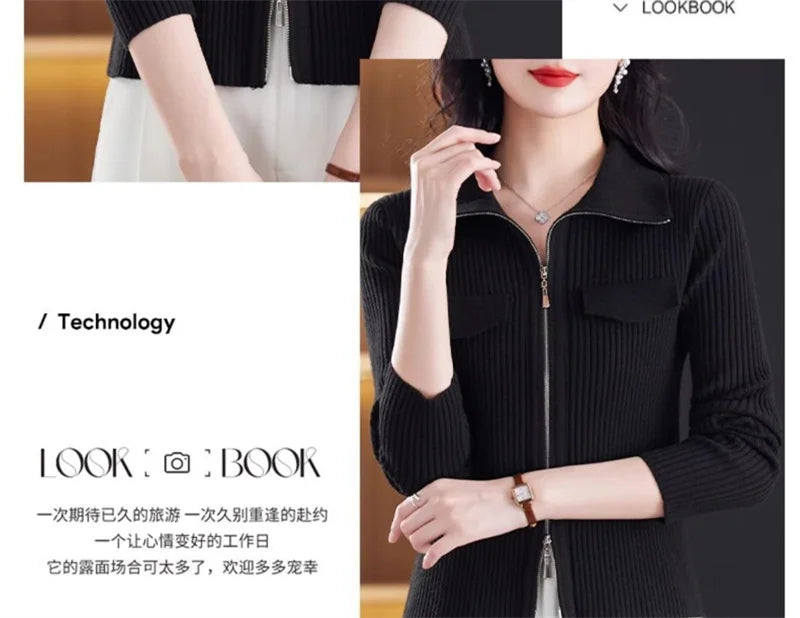 Cardigan Court Femme à Fermeture Zippée – Tricot Uni Col Revers Style Coréen Printemps Automne 2025
