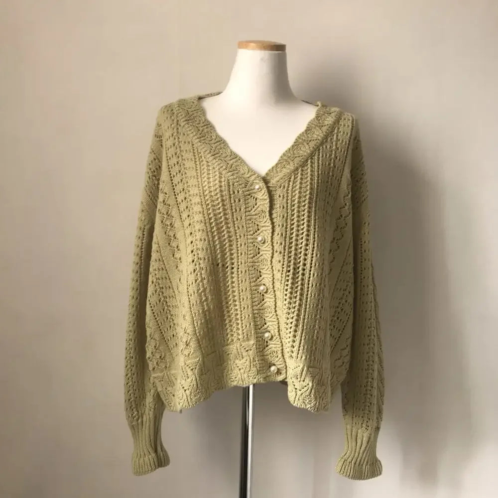 Cardigan Femme Blanc Sexy – Tricot Loose Col V Profond à Manches Longues, Maille Ajurée Été.