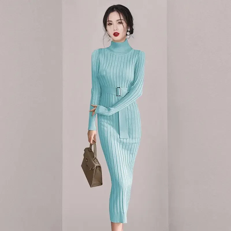 Robe Pull Longue Femme – Tricot Élastique Ajusté Style Coréen Élégant Automne Hiver.