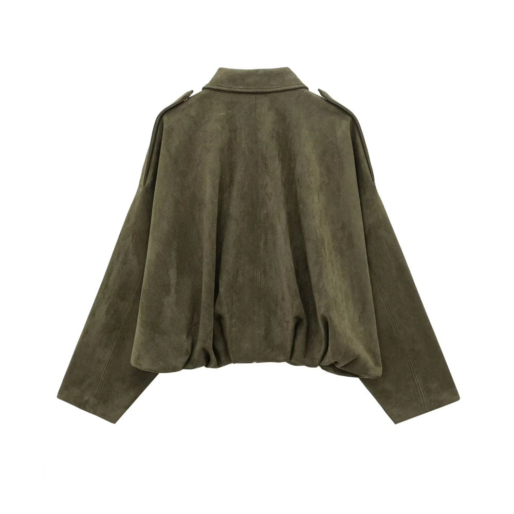 Veste Femme Suédine Synthétique PB&ZA 2025 – Coupe Ample Vert Olive