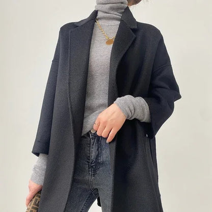 Manteau Court Femme Automne Hiver – Cachemire Double Face, Col Revers & Ceinture, Style Luxe Chic