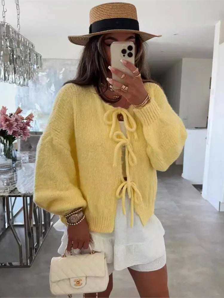 Cardigan Femme Élégant – Tricot Uni avec Lacet, Col Rond, Style Simple Chic |.