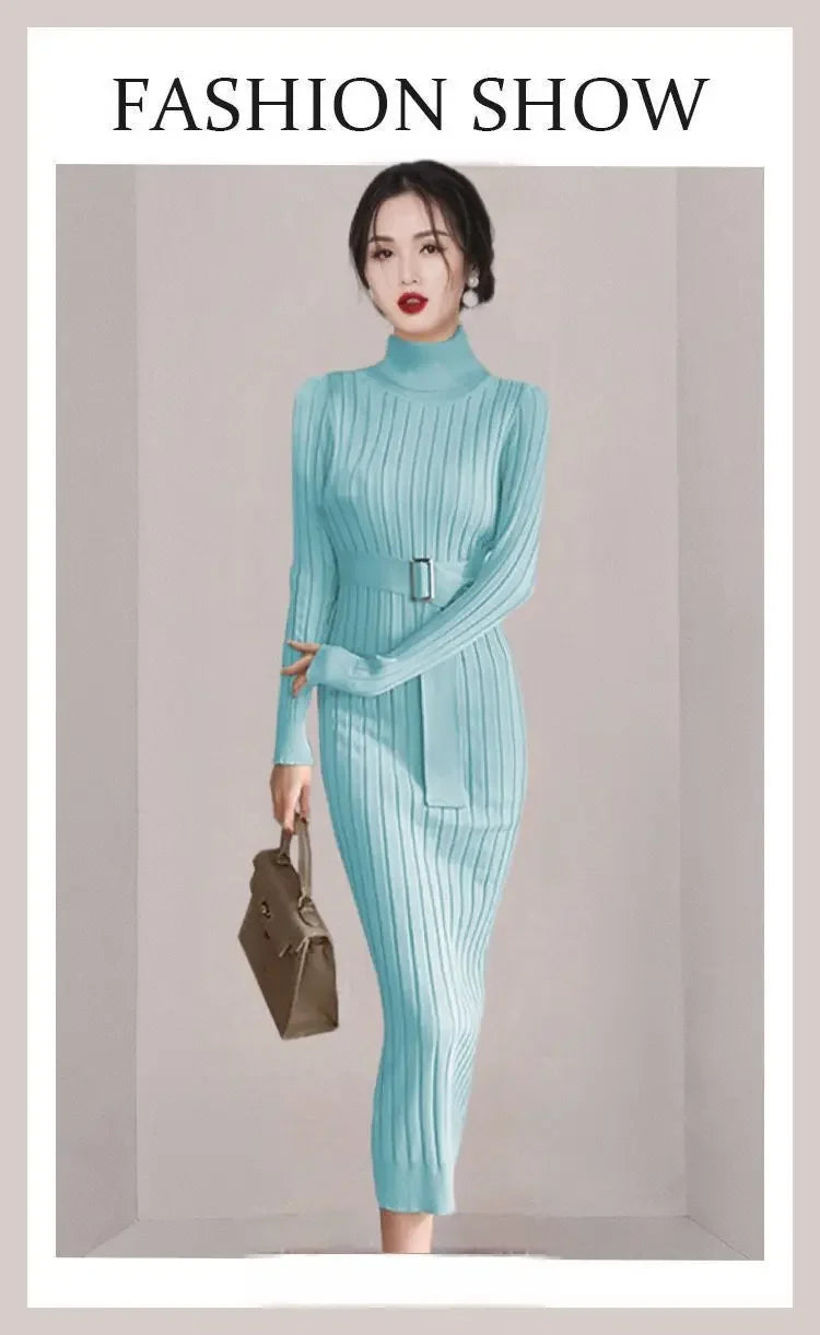 Robe Pull Longue Femme – Tricot Élastique Ajusté Style Coréen Élégant Automne Hiver.