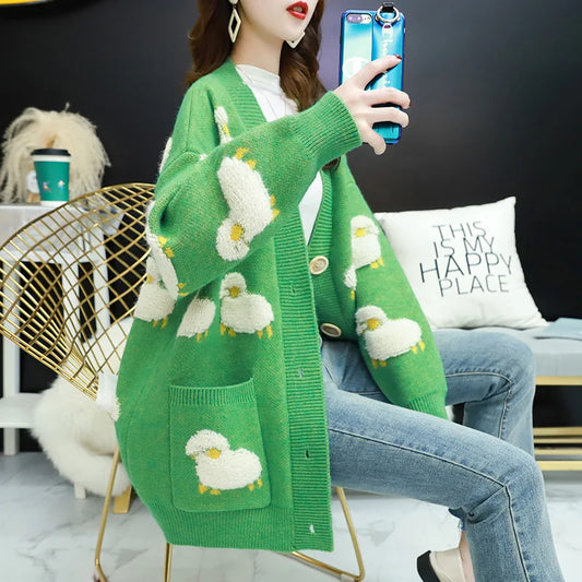 Cardigan Femme Loose – Tricot Cartoon avec Poches Mouton, Style Colorblock Automne Hiver.