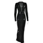 Élégante robe maxi métallisée pour femme, col en V sexy, manches longues, fronces flatteuses et fente haute. Parfaite pour les soirées, clubs ou événements chics. Style glamour et féminin.