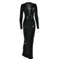 Élégante robe maxi métallisée pour femme, col en V sexy, manches longues, fronces flatteuses et fente haute. Parfaite pour les soirées, clubs ou événements chics. Style glamour et féminin.