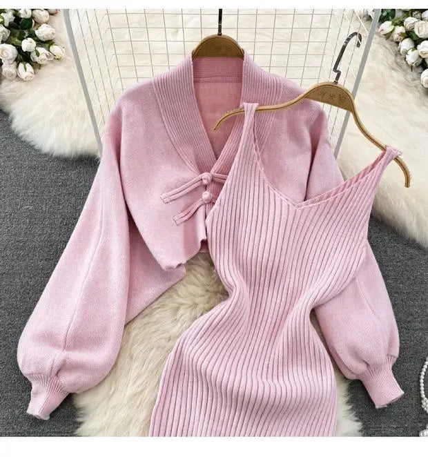 Ensemble Femme 2 Pièces – Cardigan Tricoté à Lacets & Robe Camisole, Style Chinois Moderne Élégant |