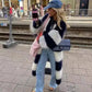 Manteau Long Tricoté Femme – Cardigan Rayé Épais à Manches Lanternes.