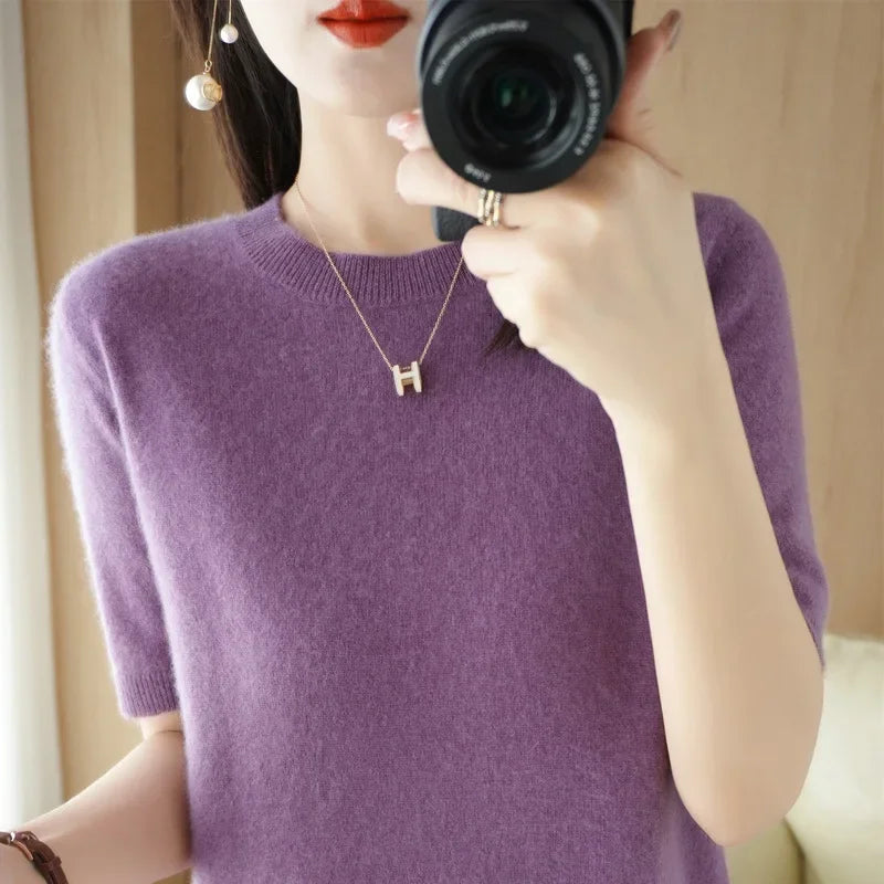 Pull Femme Slim à Manches Courtes – Tricot Col Rond Léger Printemps Été 2025 |