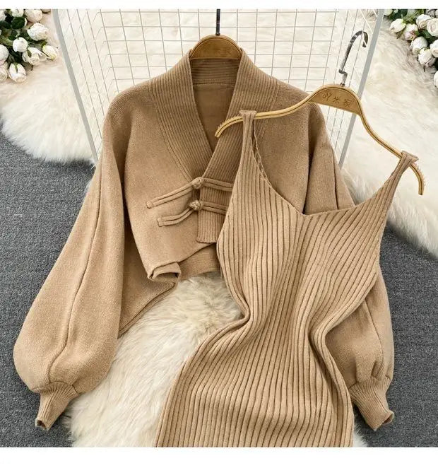 Ensemble Femme 2 Pièces – Cardigan Tricoté à Lacets & Robe Camisole, Style Chinois Moderne Élégant |
