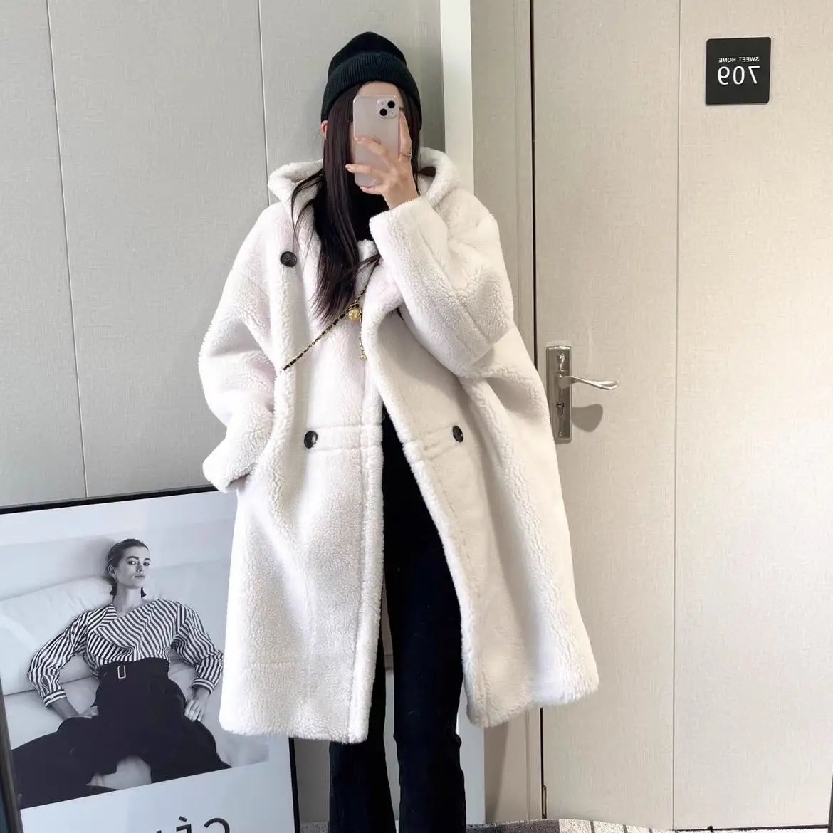 Manteau Femme Hiver 2024 – Veste Cocoon à Capuche en Laine d’Agneau Épaisse, Parka Chaude Shearling