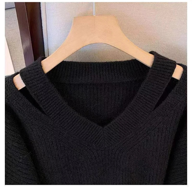 Pull Femme Loose Col V – Tricot Doux Uni Style Basique Automne.
