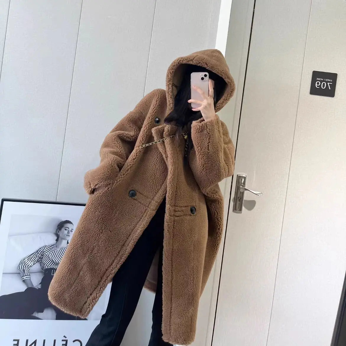 Manteau Femme Hiver 2024 – Veste Cocoon à Capuche en Laine d’Agneau Épaisse, Parka Chaude Shearling.