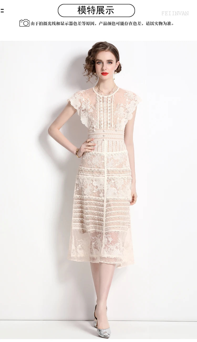Robe midi femme à fleurs brodées – manches courtes, style vintage élégant