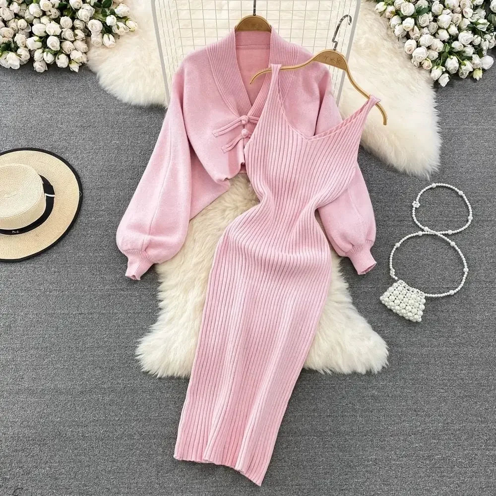 Ensemble Femme 2 Pièces – Cardigan Tricoté à Lacets & Robe Camisole, Style Chinois Moderne Élégant |.