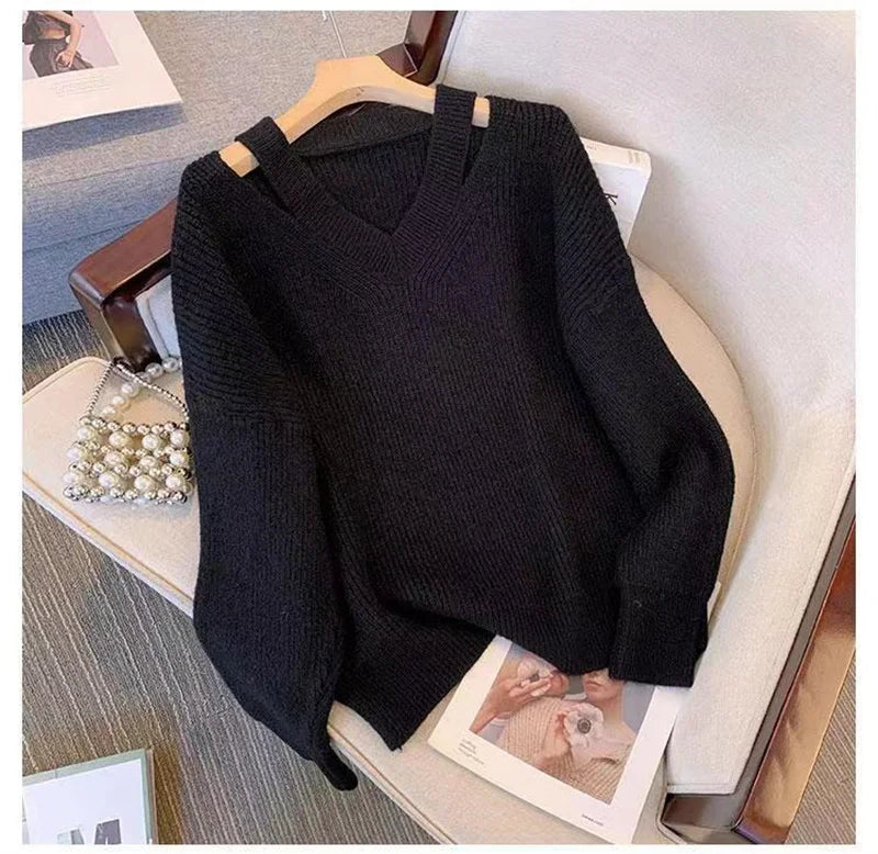 Pull Femme Loose Col V – Tricot Doux Uni Style Basique Automne.