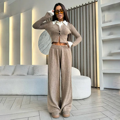 Ensemble Femme 2 Pièces – Haut Tricot Boutonné à Col Revers & Pantalon Loose, Style Décontracté Chic Automne | F-laglam.