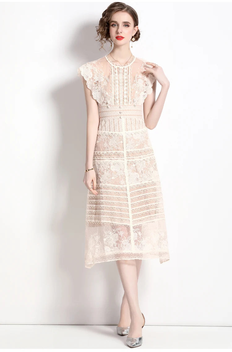 Robe midi femme à fleurs brodées – manches courtes, style vintage élégant