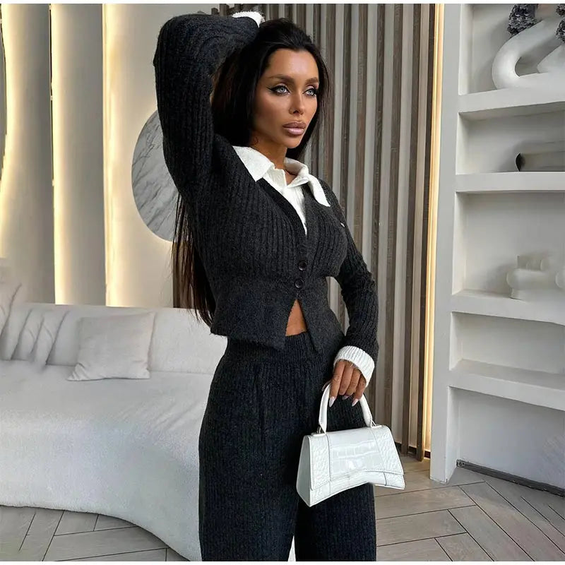 Ensemble Femme 2 Pièces – Haut Tricot Boutonné à Col Revers & Pantalon Loose, Style Décontracté Chic Automne | F-laglam.