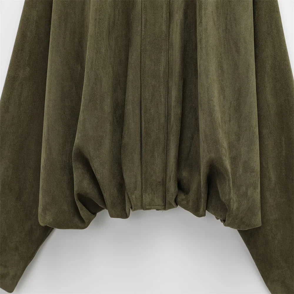 Veste Femme Suédine Synthétique PB&ZA 2025 – Coupe Ample Vert Olive