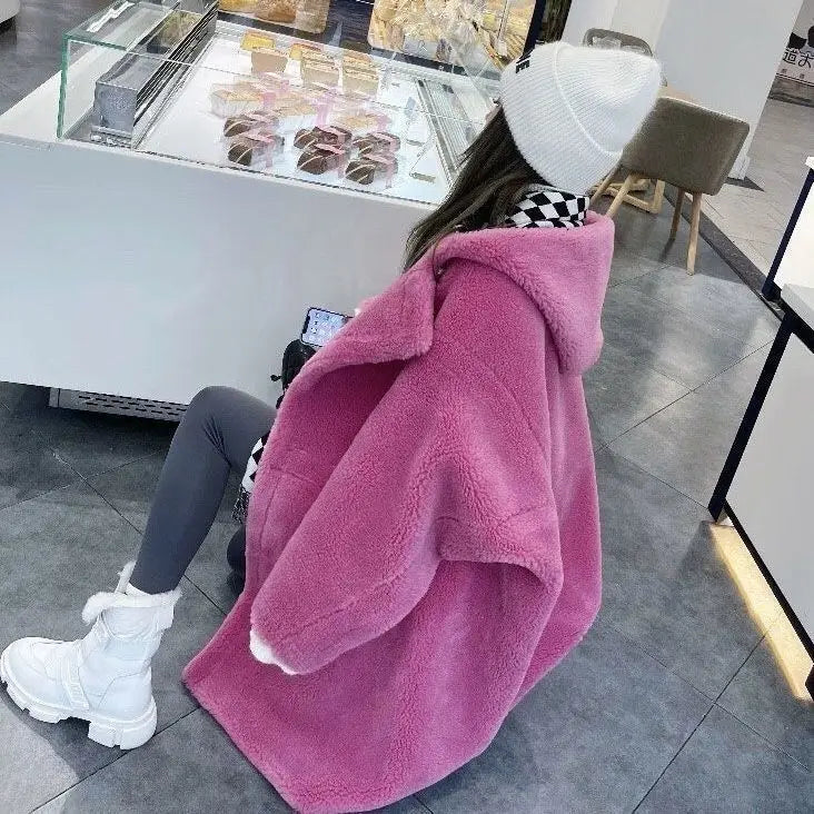 Manteau Femme Hiver 2024 – Veste Cocoon à Capuche en Laine d’Agneau Épaisse, Parka Chaude Shearling.