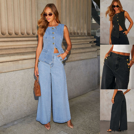 Denim Vest Suits Fashion Sleeveless Button Tops And Wide Leg Straight Pants With Pockets Women's Trousers Set.
