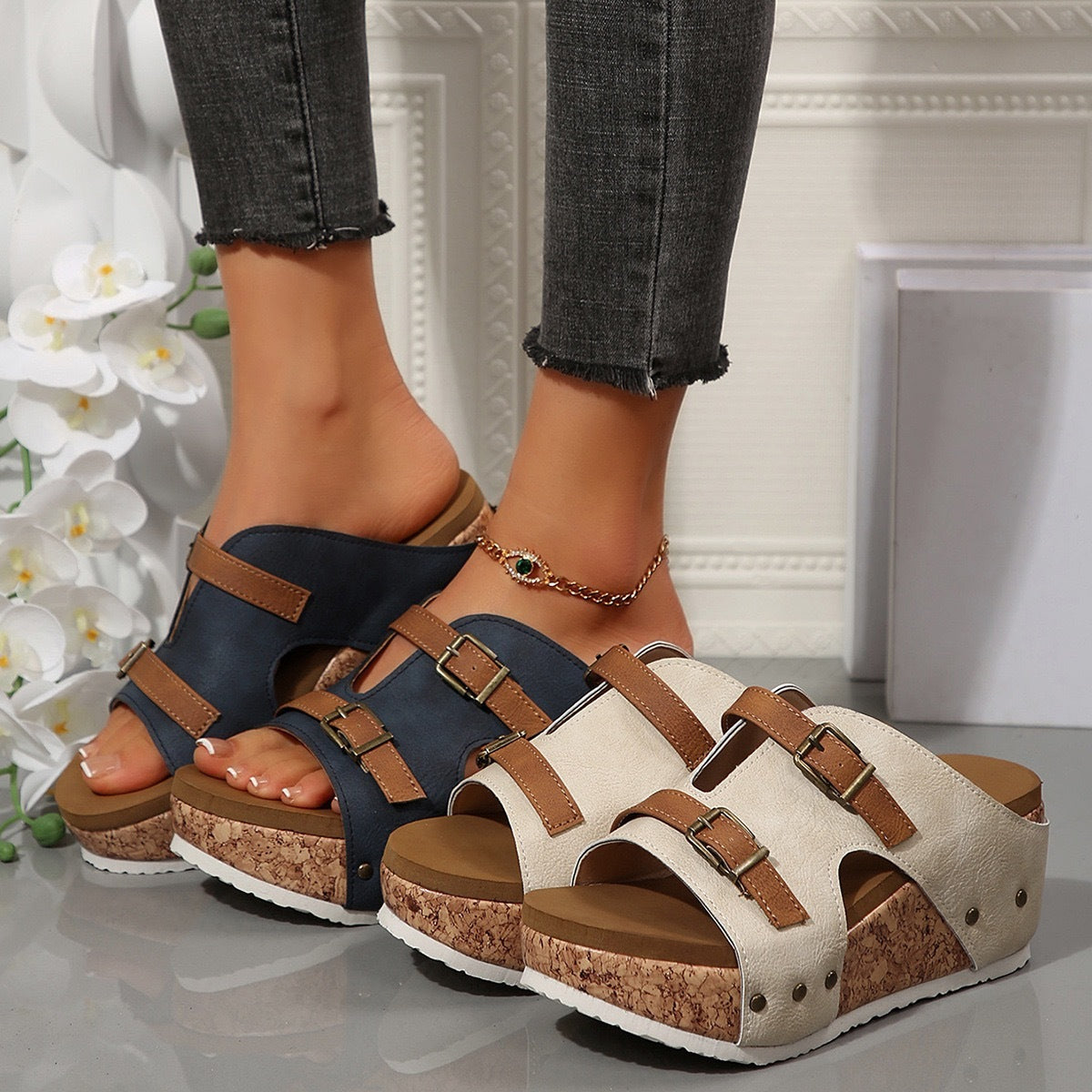 Ins Buckle Wedges Sandals Summer Fish Mouth Thick High Heel Slides Slippers Outdoor Fashion Beach Roman Shoes For Women.