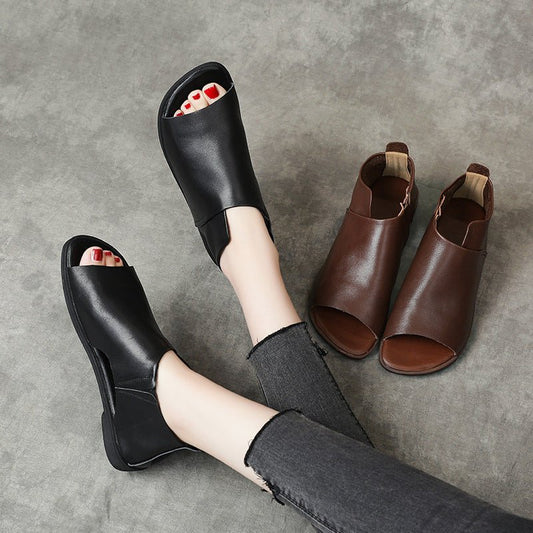 British Genuine Leather Slip On Peep Toe Sandals Flat.