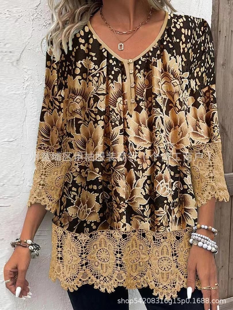 Casual Lace Printed Lace Button Top.
