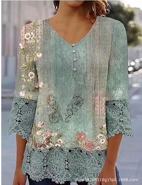 Casual Lace Printed Lace Button Top.