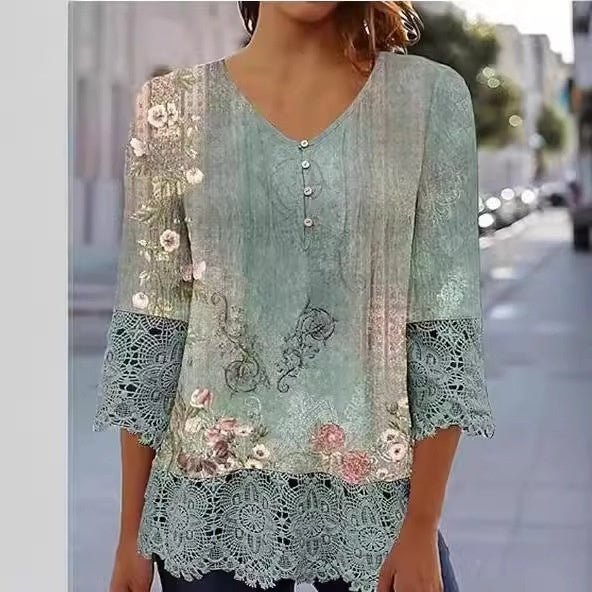 Casual Lace Printed Lace Button Top.